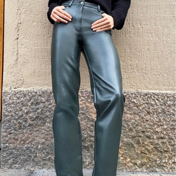 Dark Green Leather Pants - Picture 2 of 3